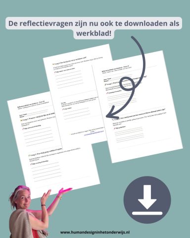 Downloadbare werkbladen met reflectievragen op een lichte achtergrond.
