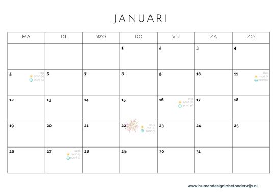 Kalender voor januari met lege vakken en enkele gemarkeerde datums.